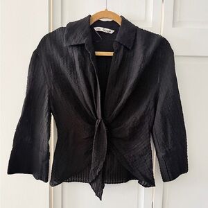 Zara Black Sheer Textured Tie Front Blouse Size S Lightweight Crinkle Top